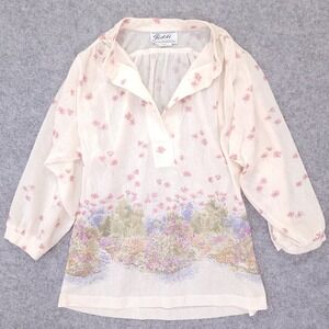 Teddi of California Vintage Floral‎ Border Print Blouse Cream Pink Silk Blend 12